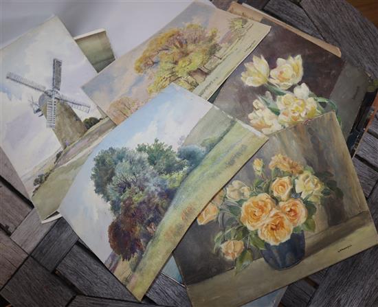 L.A. Happesfield, a folio of assorted works including etchings, watercolour landscapes and oil still lifes